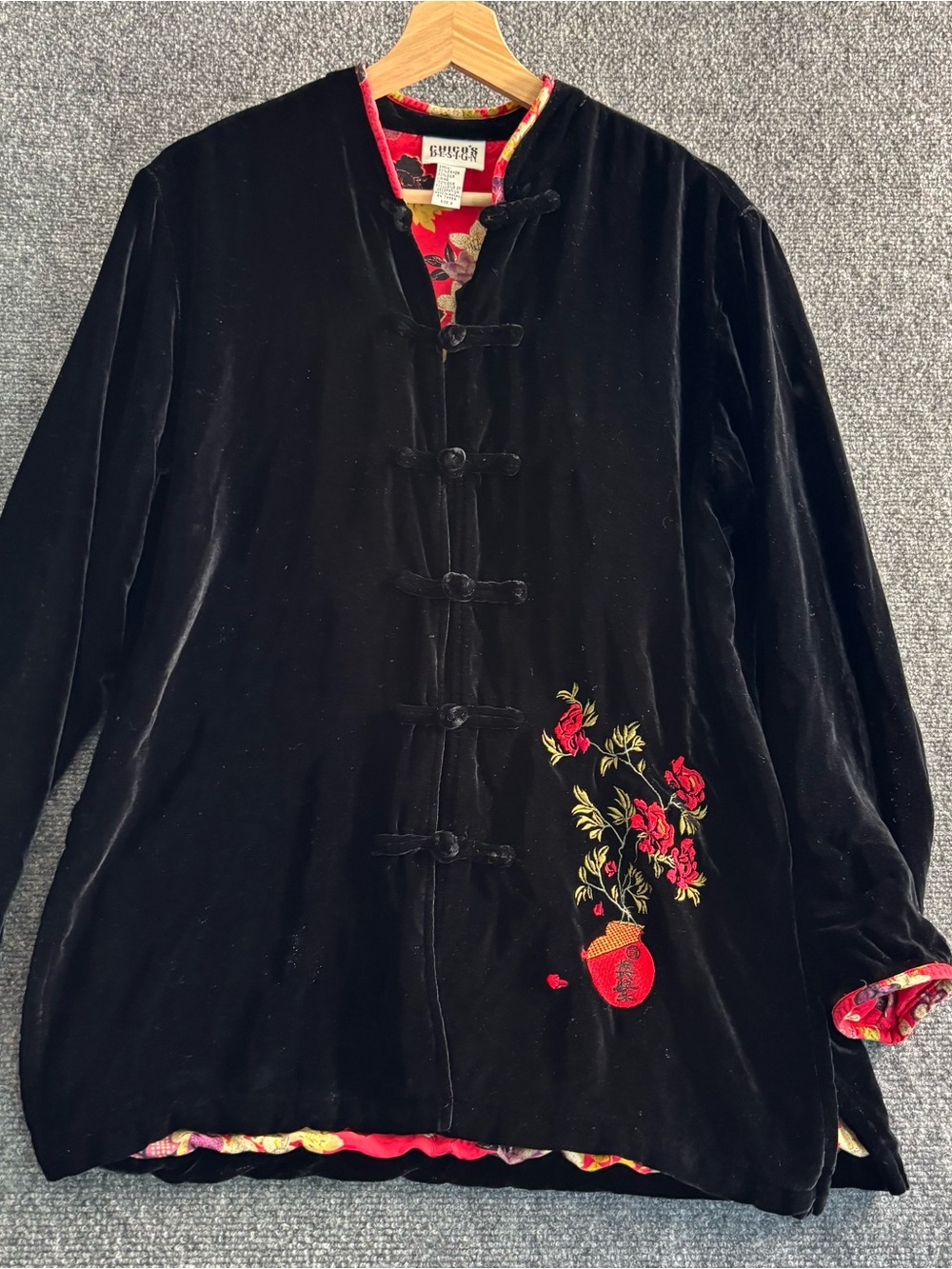 Chico's Red and Black Velvet Floral Jacket